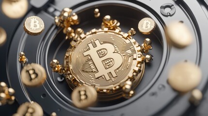 Obraz premium Digital Wealth Oasis - Futuristic Vault with Holographic Coins and Money Trees in Sci-fi Cold Blues and Warm Gold Highlights, Secure Investment Growth Concept, Generative Ai