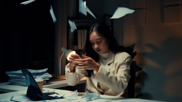 Businesswoman tearing documents in frustration while working late at the office. Papers are flying around as she shows signs of stress and fatigue