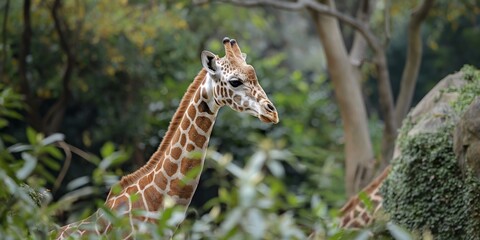 Obraz premium A majestic giraffe standing tall amidst lush green foliage, radiating a serene and peaceful atmosphere in a natural setting.