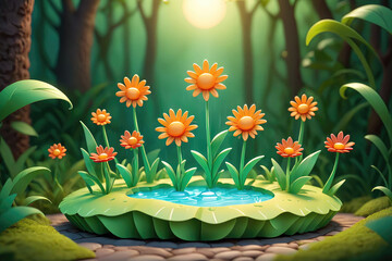 Colorful Flowers Surrounding a Serene Pond in a Lush Green Forest at Sunset