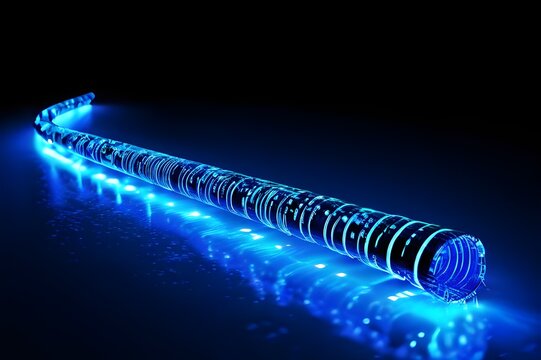 digital pipeline shaped by blue vibrant glowing blue matrix binary code. isolated on white