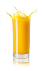 Orange juice splash in a glass on white background