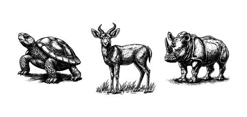 Vector illustration of a turtle, deer, rhinoceros in the style of a black-and-white vintage engraving with detailed line and texture work, an elegant and refined drawing for print and design © Natali Gaikova