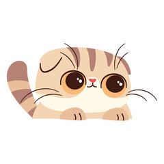 Vector illustration on white background in children's style. Cute lop-eared Scottish kitten looks out from behind white banner. Vector illustration