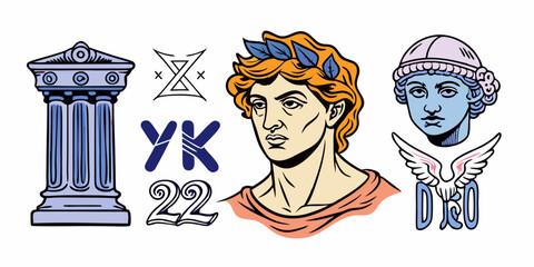 Greek sculpture y2k tattoo sketch set, vector roman goddess statue head doodle drawing ink scribble. Contemporary mythology antique sticker kit, woman face, column. Greek sculpture fashion print