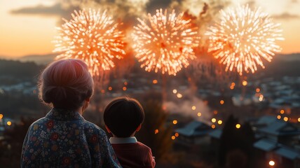 一緒に花火を見る日本人のおばあちゃんと孫