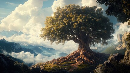 Majestic Tree in Serene Valley: A Stunning Poster Perfect for Sports Interiors, Featuring Expansive Canopy and Intricate Roots Surrounded by Mountains and Fluffy Clouds