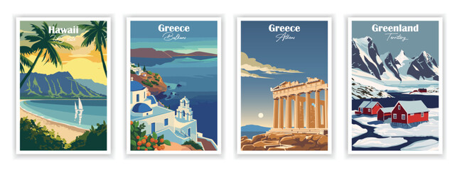 Set of 4 Vintage travel poster. Vector illustration. Greece, Greece, Athens, Greenland, Hawaii © DesignerThc