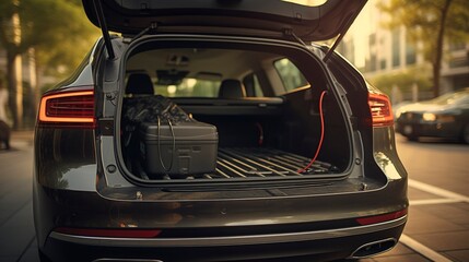 A photo of a cars trunk being vacuumed