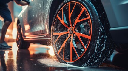A photo of a cars wheels being detailed