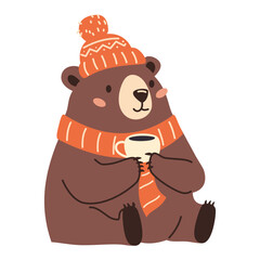 Vector illustration on white background in children's style. Cute bear drinking tea with hat and scarf. Cute winter illustration . Vector illustration