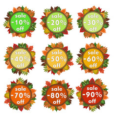 autumn sale, collection of stickers with a wreath of fallen leaves in muted tones, vector illustration for seasonal autumn discounts