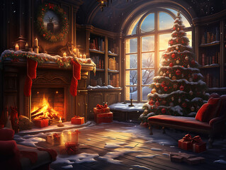 Exceptional Decorated empty office space with christmas fir tree, gifts and festive adornments