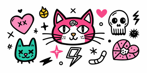 Grunge doodle cat icon set, vector hand drawn sketch kitten, gothic heart, rock punk scribble symbol. Y2k emo romantic tattoo, Valentine love symbol, crayon inscription, bow, rose. Ink doodle cat