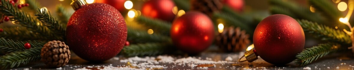 Obraz premium A close-up of a red Christmas ornament surrounded by pine branches, pinecones, and berries, with warm, glowing lights in the background.