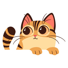 Vector illustration on white background in children's style. Cute kitten of Bengal breed looks out from behind white banner. Vector illustration