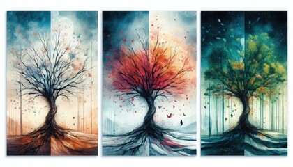 Triptych Art of A single tree depicted in spring, summer, and autumn, showcasing the transformation of nature. Watercolor, Traditional painting