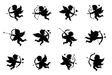 Cupid set. Valentine's day. Love symbol. Angel with a wings. Cherubs silhouette. Cupid shooting arrow.