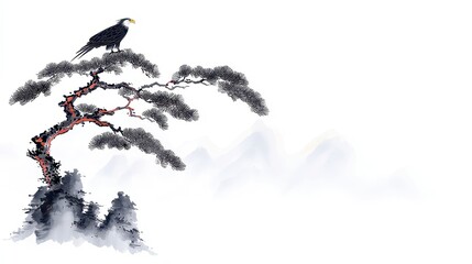 Fototapeta premium Eagle in Solitude, A majestic eagle perched atop a tree, surveying a sprawling forest, embodies solitude and keen observation against a pristine white backdrop