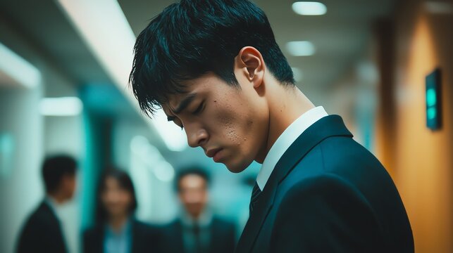 A serious businessman in a suit, reflecting in a modern office setting, surrounded by colleagues in a professional atmosphere. - Powered by Adobe