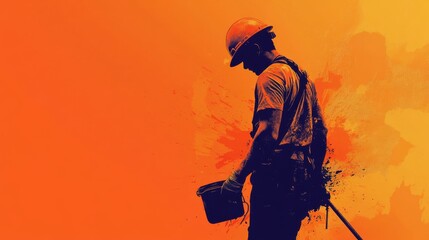 Silhouette of a construction worker holding a paint bucket against an orange background.
