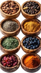Aromatic Blend of Spices and Herbs in a Wooden Bowl on White, Capturing the Essence of Natural Flavors and Wellness.
