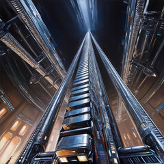 In a futuristic world, a high-tech space elevator stretches into the unknown, its sleek metallic structure gleaming under the artificial light 
