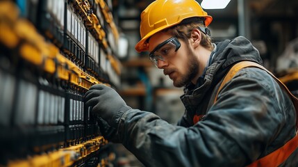 An electrician in a yellow hard hat and protective gear is carefully examining and operating an electrical panel with numerous switches and indicators in an industrial environment.