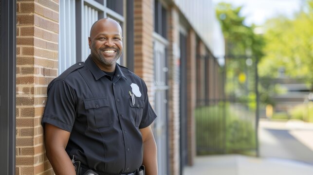 Friendly School Security Guard Engaging with Students on Elementary School Campus for Safety and Support