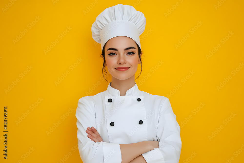 Wall mural portrait of woman chef in white outfit with crossed arms looking at camera on yellow background