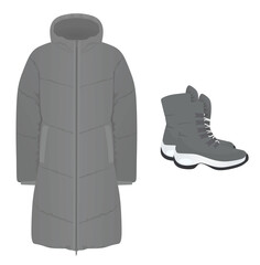 Grey winter jacket and boots. vector illustration