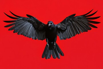 Obraz premium Majestic Crow Spreading Wings with Vibrant Red Background