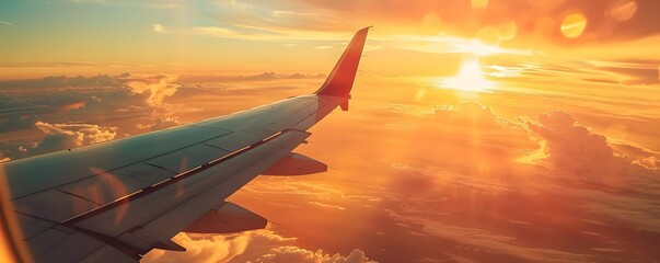Fototapeta premium Airplane Wing Against a Golden Sunset Sky