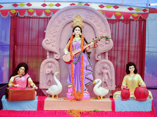 Idol of hindu deity Saraswati, Goddess of knowledge, music, art, speech and learning