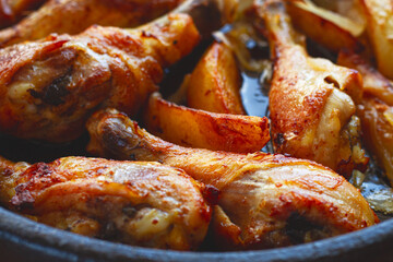 fried chicken drumsticks with potato slices, in a clay pan, baked in the oven, with spices, homemade, no people,