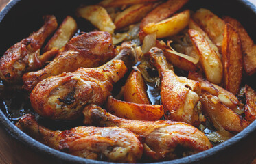 fried chicken drumsticks with potato slices, in a clay pan, baked in the oven, with spices, homemade, no people,