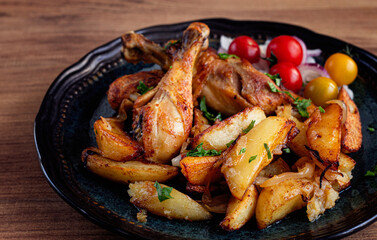 fried chicken legs with potato slices, on a plate, baked in the oven, with spices, homemade, no people