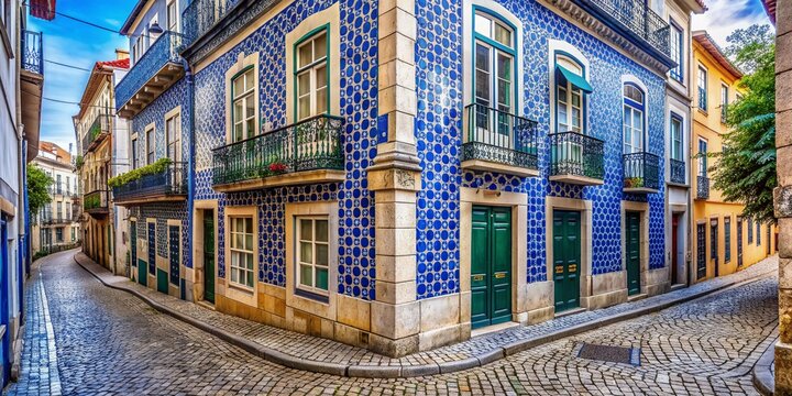 Colorful traditional Portuguese tiles adorn a charming corner building in a narrow cobblestone street of Lisbon's historic Lapa neighborhood, Portugal.