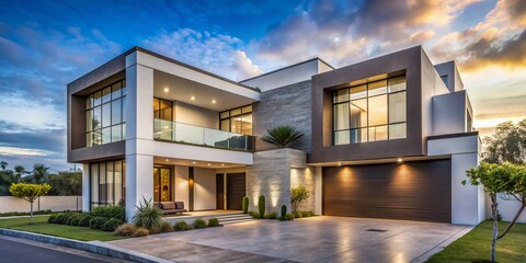 Contemporary two-story luxury home in Guadalajara, Jalisco, Mexico, featuring sleek lines, expansive windows, and modern architecture, sponsored by Infonavit, a government housing agency.