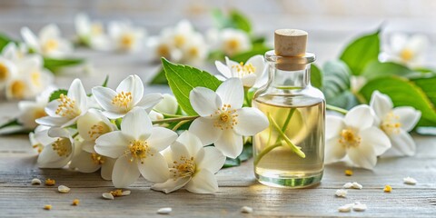 Delicate jasmine flowers arranged on a light background, highlighting the natural ingredients of a pure organic essential oil, perfect for relaxation and health care through aromatherapy.