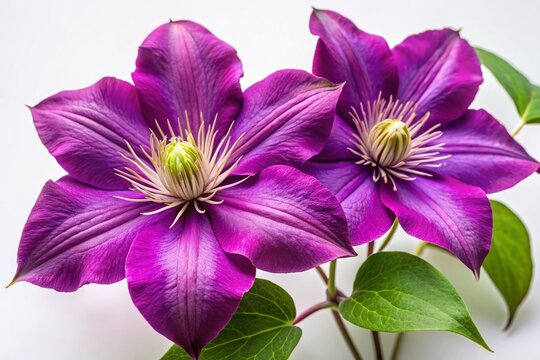 Delicate, velvety purple petals of a clematis flower unfold against a crisp white background, creating a stunning, elegant, and vibrant floral display.