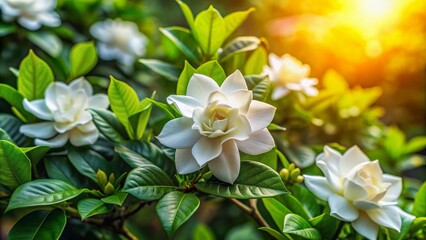 Delicate white gardenia flowers with glossy evergreen leaves bloom in a lush tropical landscape, surrounded by vibrant green foliage in a warm, sunny climate.