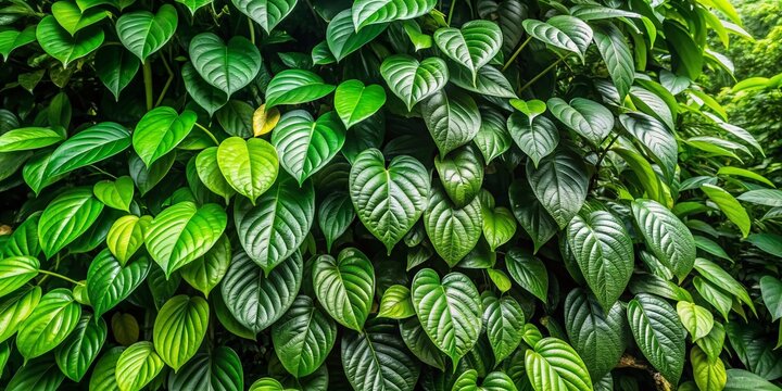 Dense foliage of Gnetum gnemon, a tropical vine with jointed stems and paired oval leaves, in a lush, vibrant green, natural jungle environment.