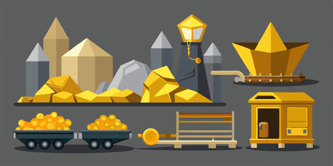 Gold mine cart set, vector old diamond wagon kit, full coil trolley, nugget truck, diamond crystal stone. Cave entrance, gray rock, iron rail, game mountain minerals collection. Gold mine treasure