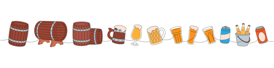 Beer set one line colored continuous drawing. Old wooden barrels, cans, glasses, mugs continuous one line illustration. Vector linear illustration.