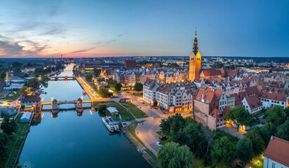 Elblag, Poland. Aerial view of historic city center. Old town with St. Nicholas Cathedral at dusk