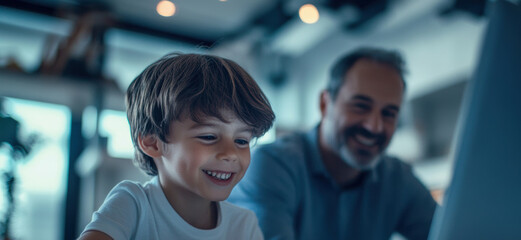 A parent supports his kid in using a laptop, both surrounded by a soft glow and bokeh, creating a warm ambiance.