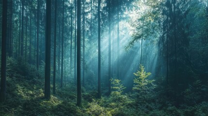 Obraz premium Majestic forest panorama with sunlight breaking through the trees. Perfect for adding text or branding