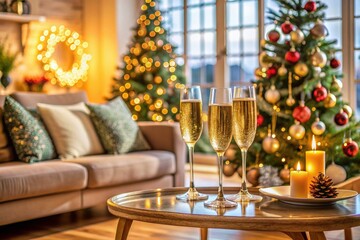 Festive Christmas scene featuring two champagne flutes on a coffee table, surrounded by elegant decorations and a ceramic Christmas tree in a cozy living room.