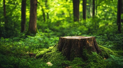 Majestic tree stump sitting amidst a verdant forest, highlighting the rich greenery and the stump's rugged texture.